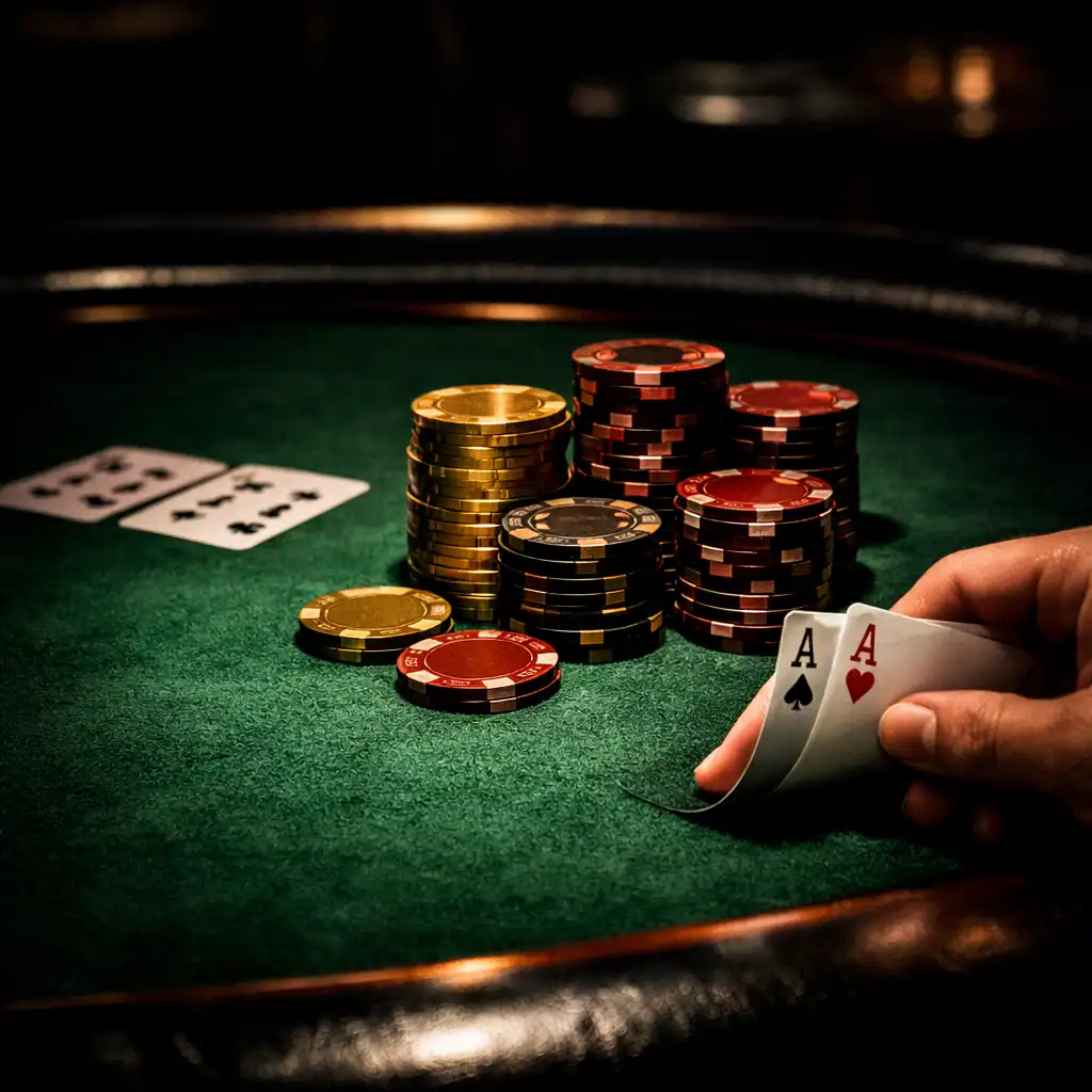 Close-up of a professional poker table with green felt, cards, and chips under dramatic overhead lighting in the Card Lounge at Card Grove Bathurst