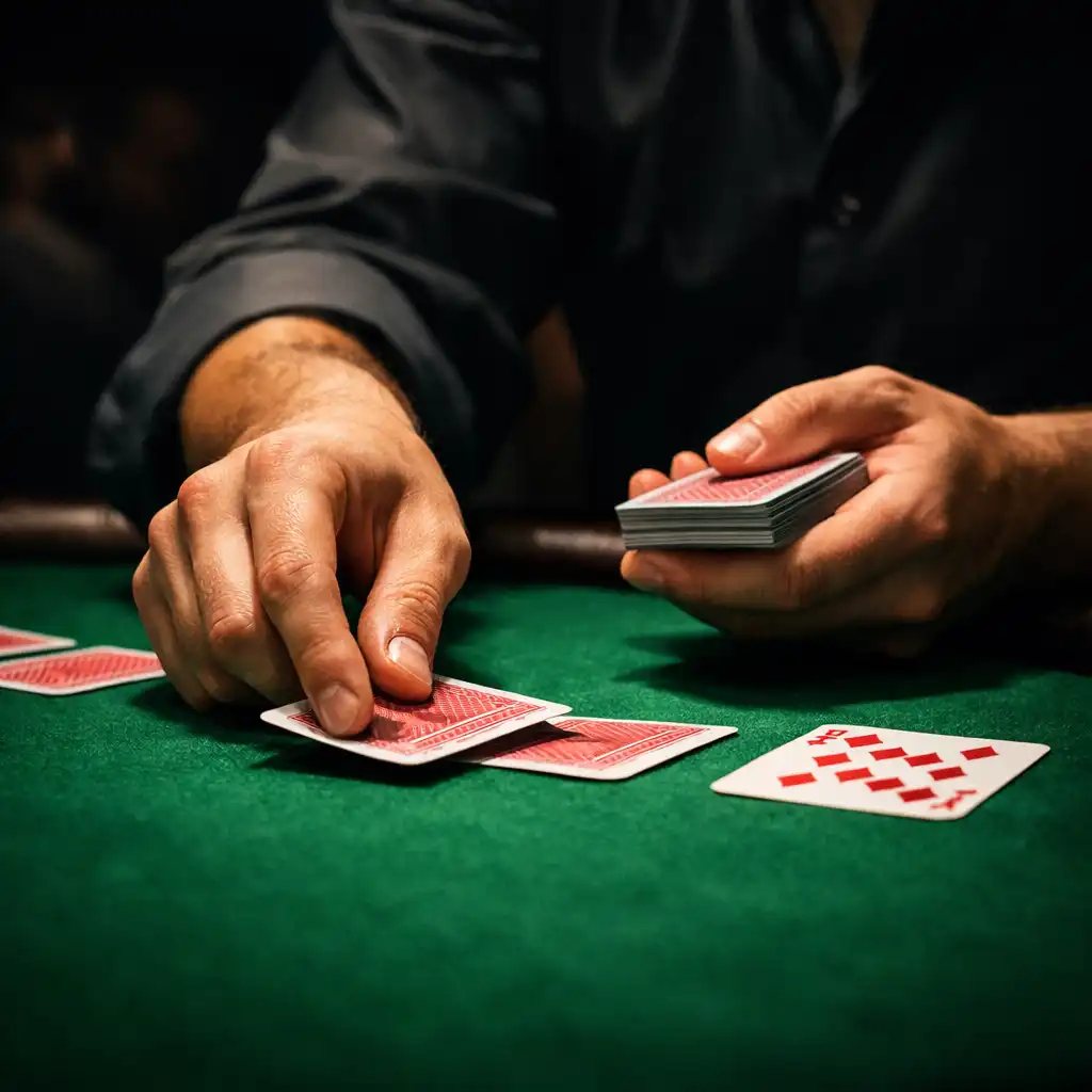 Professional dealer's hands dealing playing cards onto a green poker table under dramatic lighting