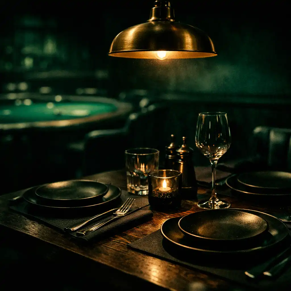 Dark, moody dining area at Card Grove Bathurst with warm lighting
