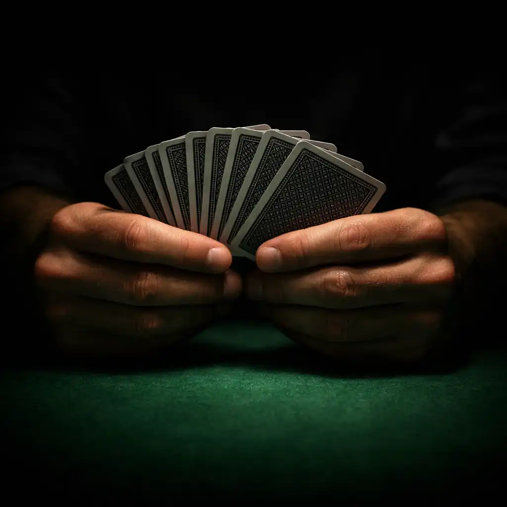 Player hands holding a fan of playing cards over a green poker table