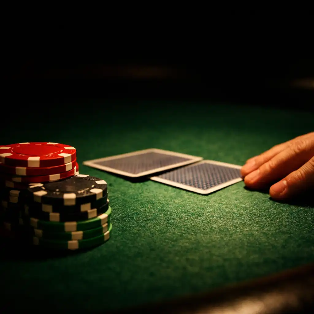 Close-up of a professional poker table with green felt, playing cards, and clay chips under dramatic overhead light