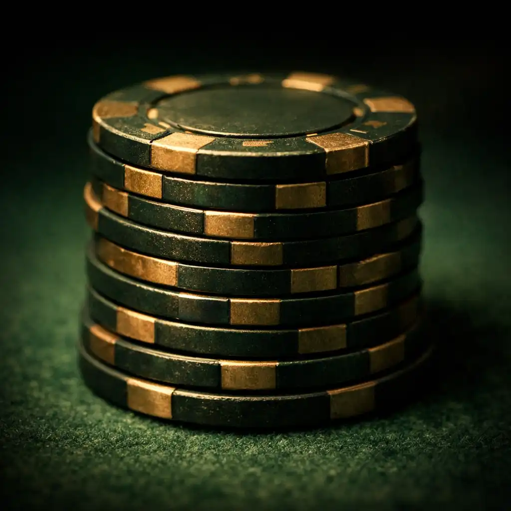 Close-up of a stack of poker chips on green felt