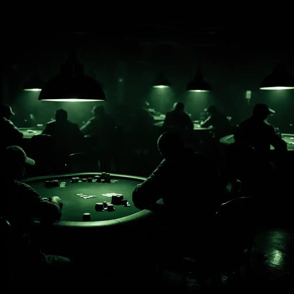 Dark poker room at Card Grove with multiple tables under focused pendant lights