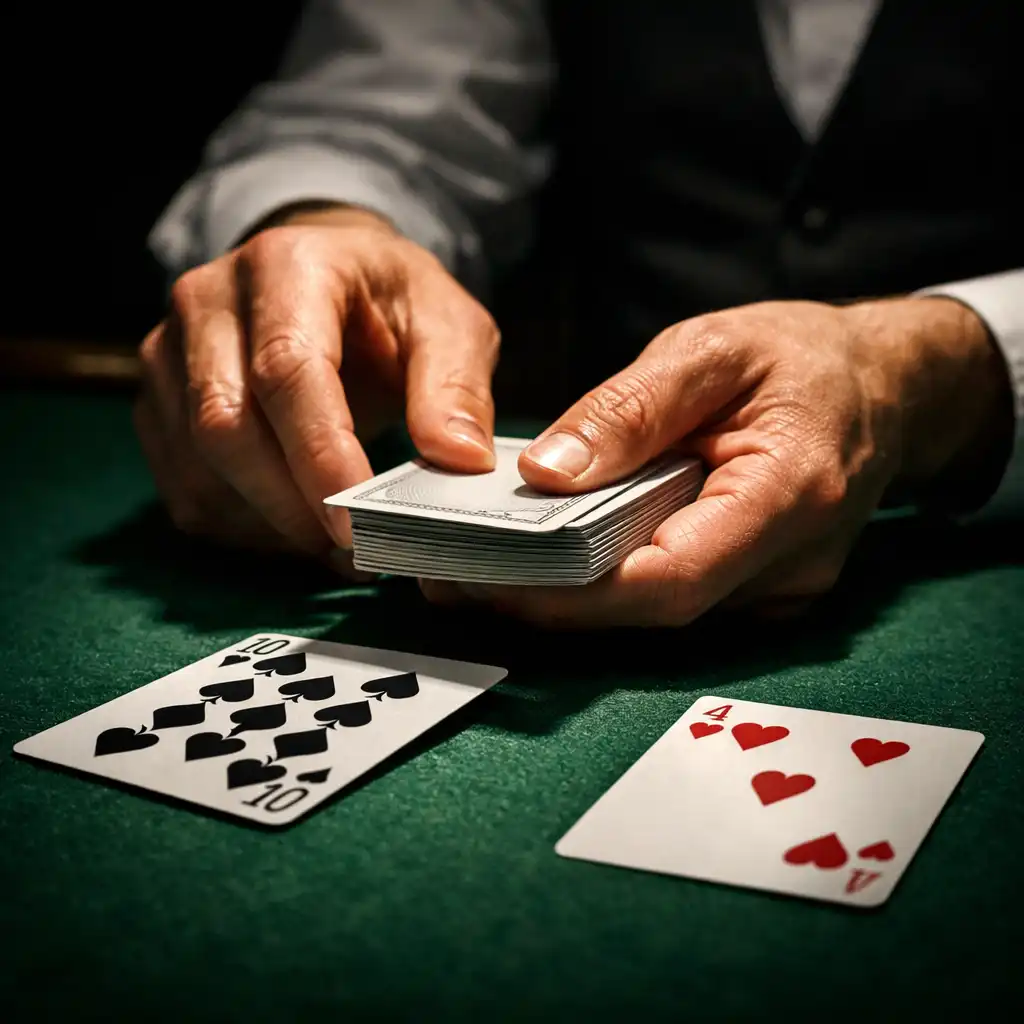 Professional dealer's hands dealing cards onto a green felt poker table