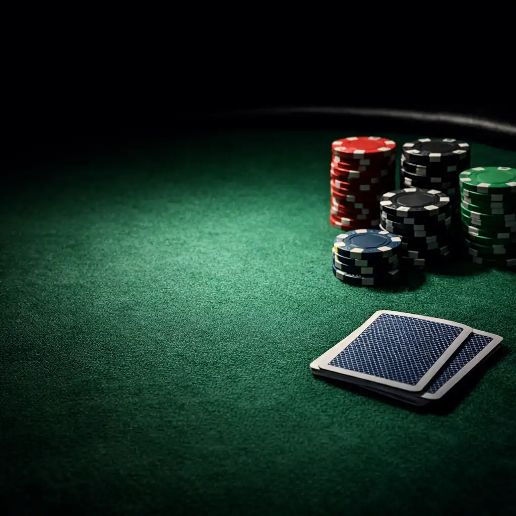 Professional poker table with chips and cards under dramatic overhead lighting