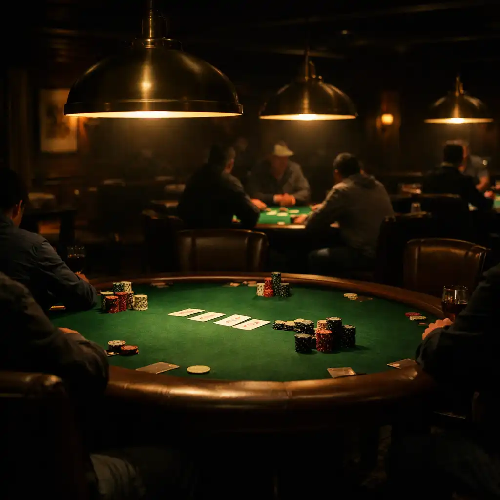 Wide interior shot of a dedicated poker room with multiple professional poker tables under individual overhead lights
