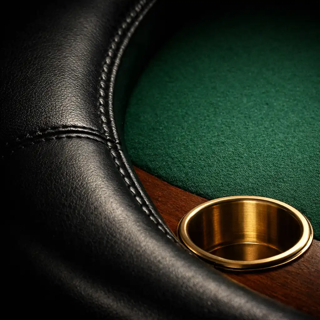 Close-up of padded rail and green felt on a Card Grove poker table