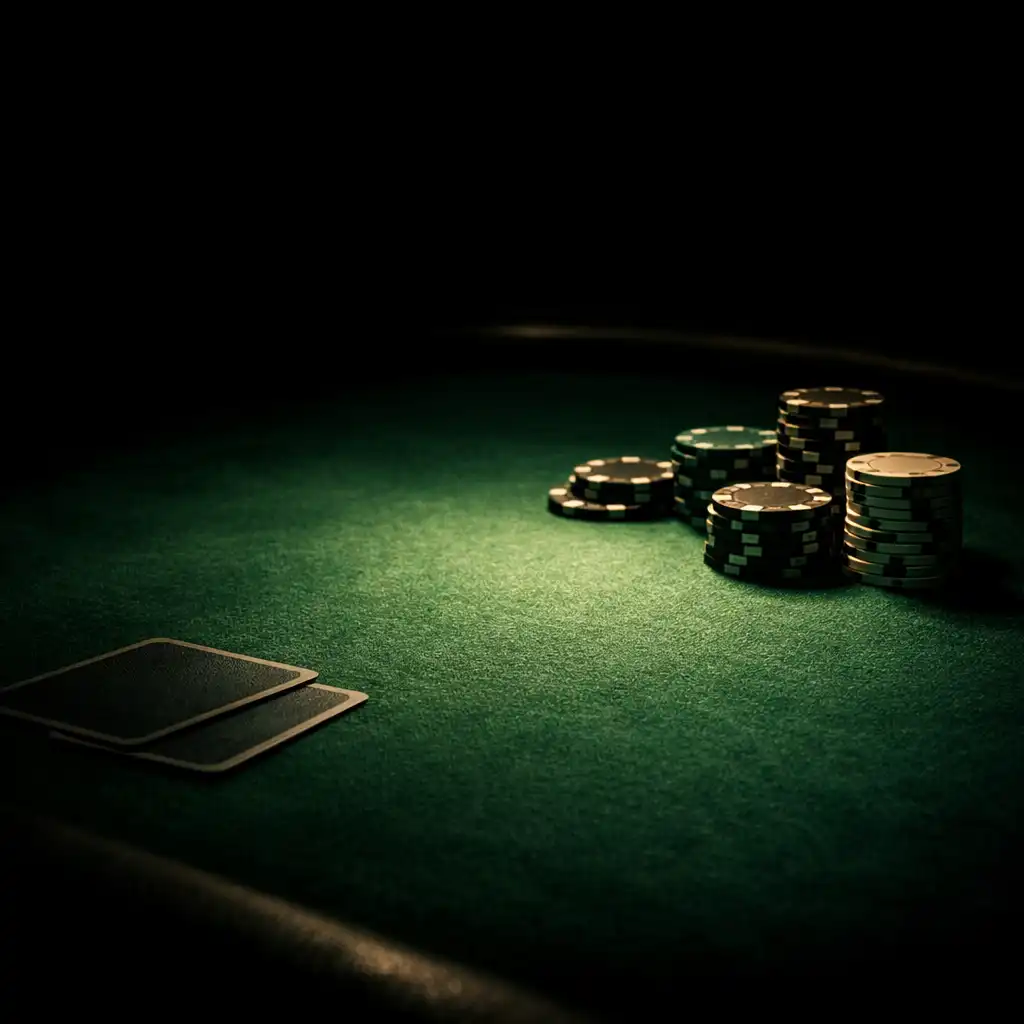 Dramatically lit professional poker table with chips and cards on green felt